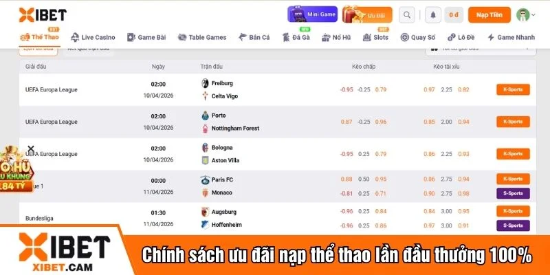 Xibet áp dụng nạp thể thao lần đầu thưởng 100%